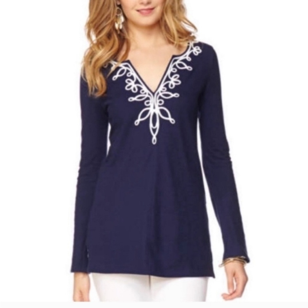 Lilly Pulitzer Westley Tunic Navy Blue white trim size medium 100% cotton